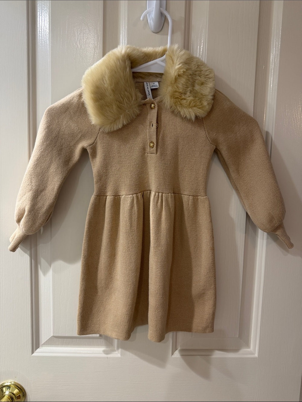 Like New 2T Janie and Jack Tan Knit Dress with Faux Fur Collar